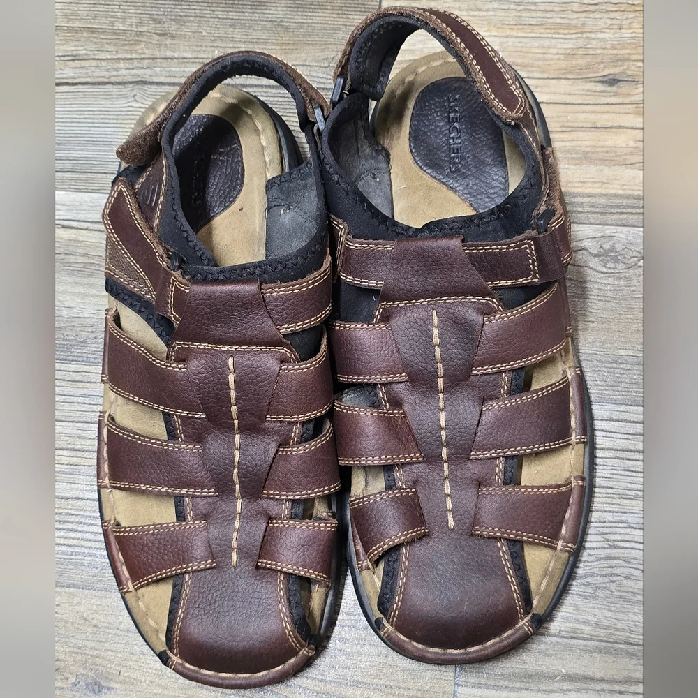 Skechers Fisherman Leather Sandals Men's 14 Brown Comfort Cushioned